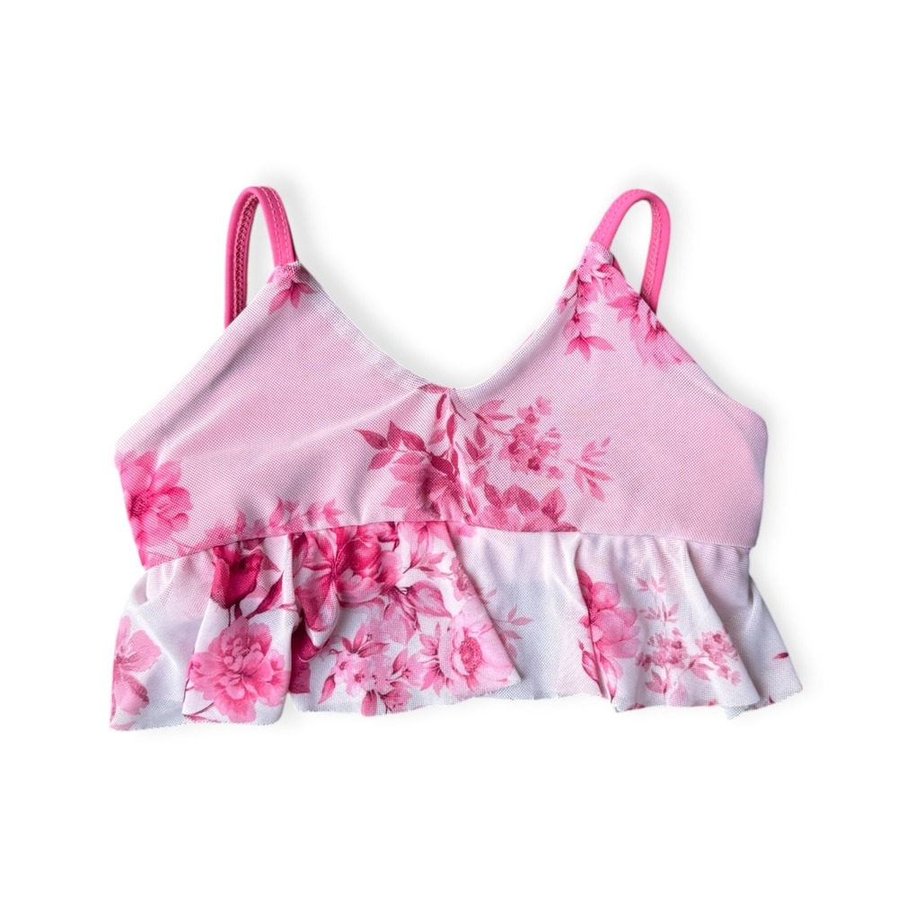 Five Dancewear Kids Pink Floral Mesh Ruffle Crop Top Adjustable Straps Size XS